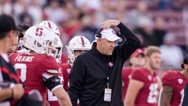 Sep 23, 2023; Stanford, California, USA; Stanford Cardinal head coach Troy Taylor reacts during the game against the Arizona Wildcats during the third quarter at Stanford Stadium. Mandatory Credit: John Hefti-USA TODAY Sports